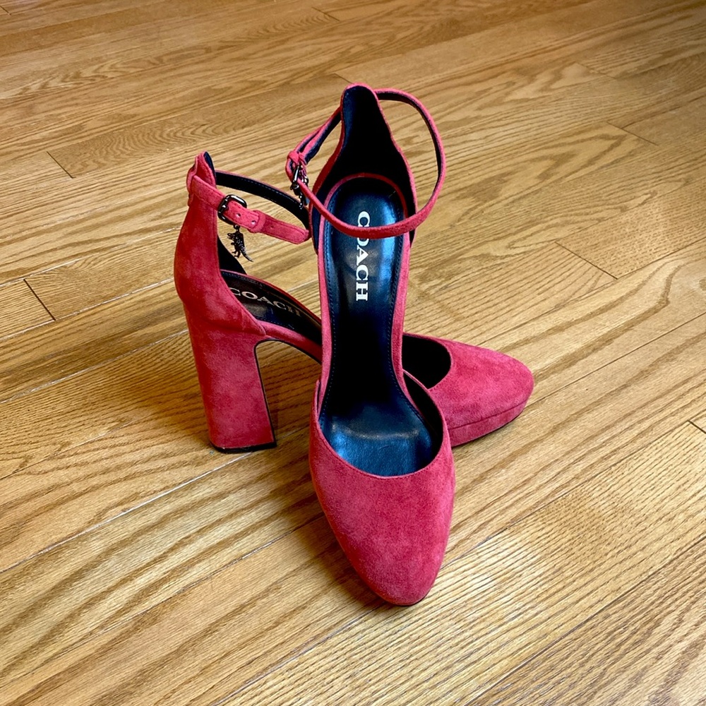 Red suede Coach platform heels